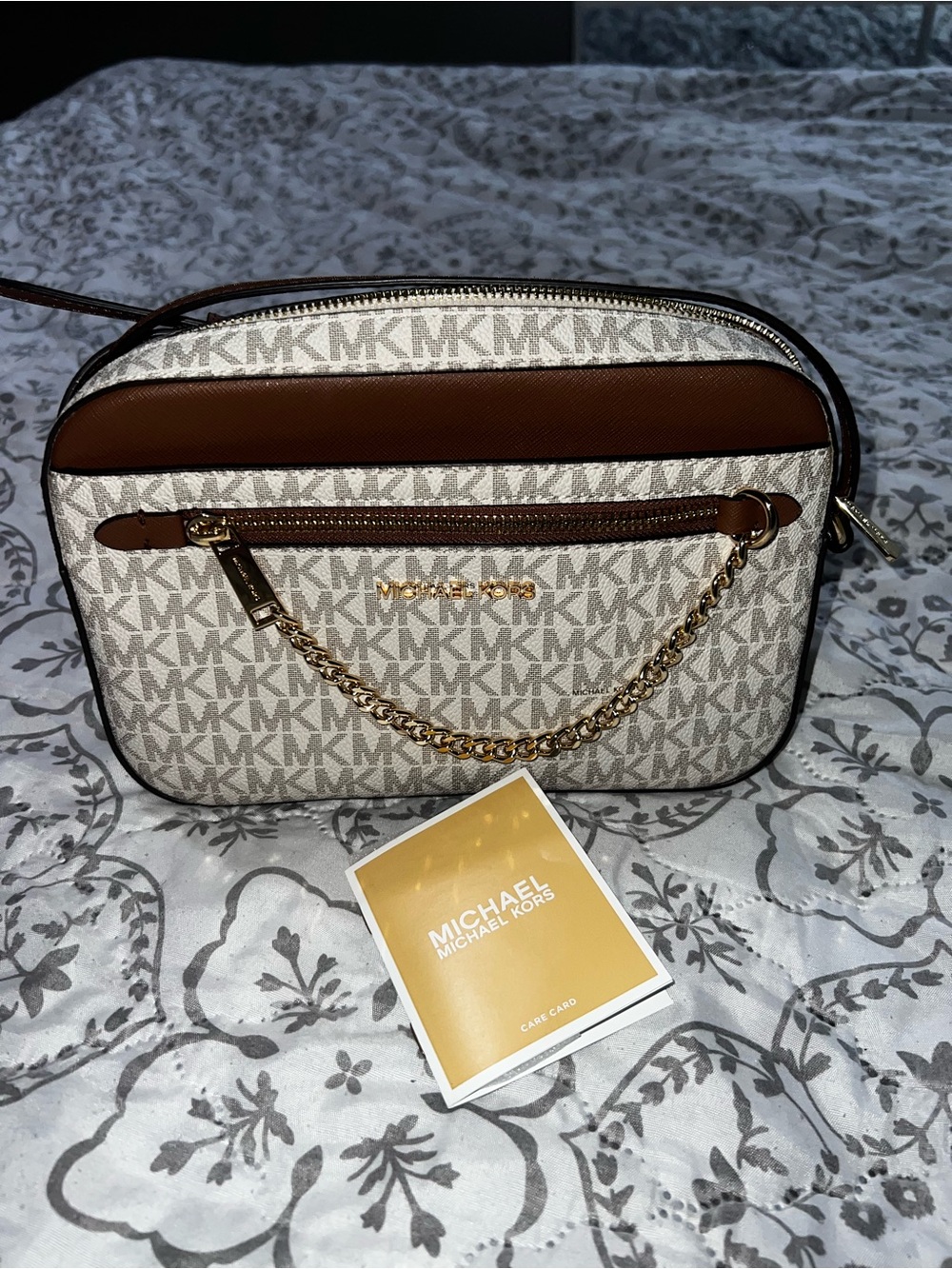Michael Kors Beige Signature MK Crossbody with Brown Trim and Gold Chain